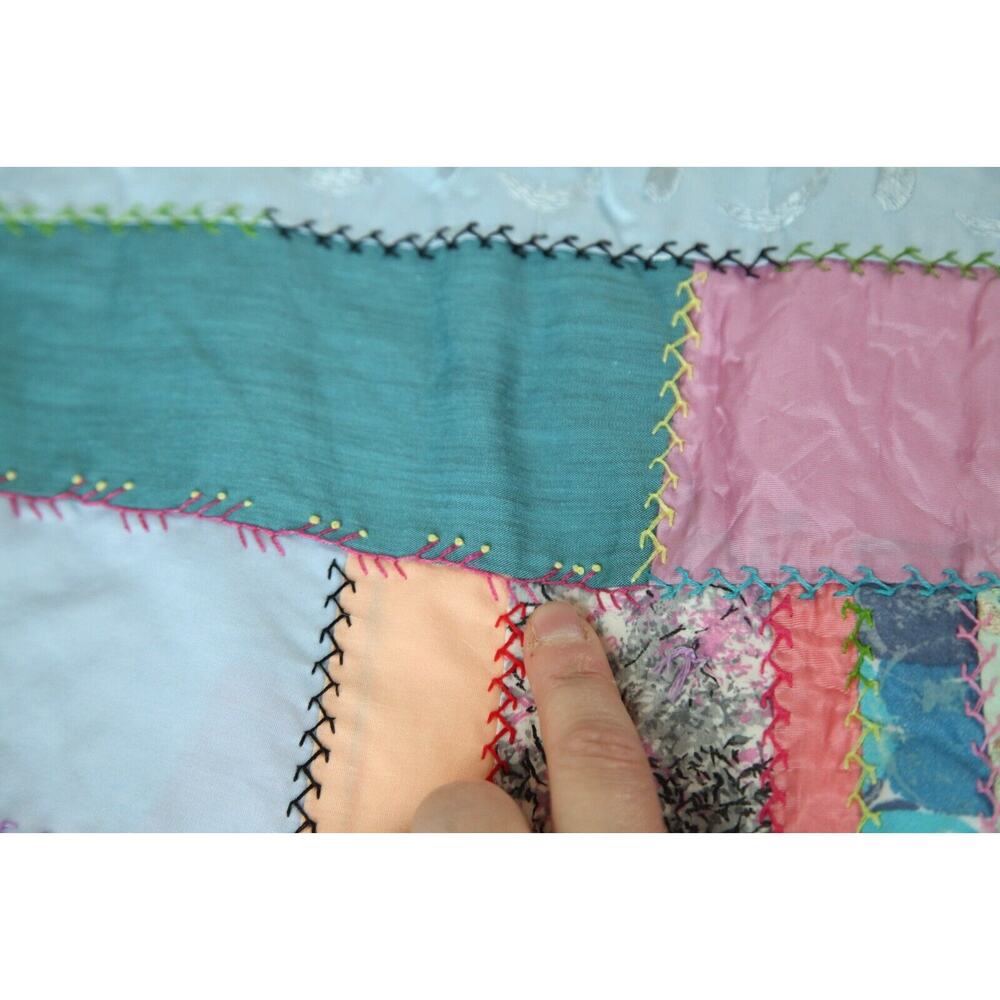 Vintage Crazy Quilt 86" x 69 Heavily Embroidered Pastel Colors Old Hand Tied - Picture 12 of 16